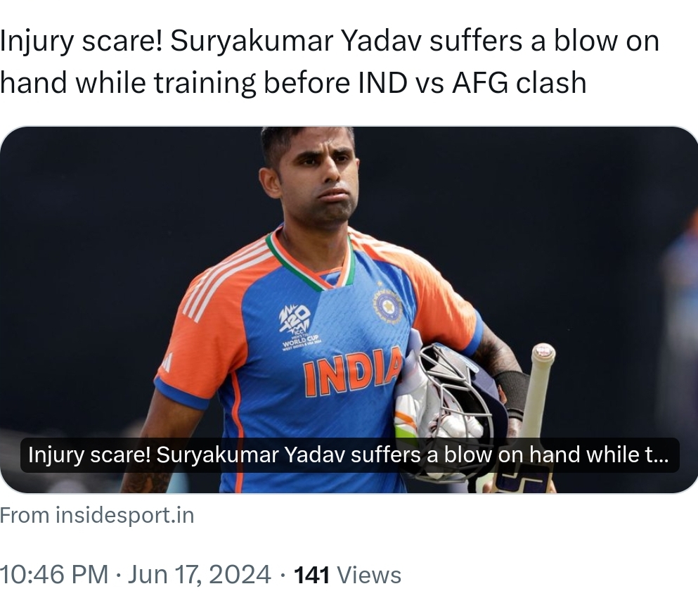 Suryakumar Yadav Suffers Injury Scare Ahead of Super 8 Stage in T20 World Cup 2024